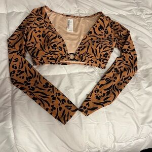 Cupshe Brown and Black Crop Blouse with Cut Out Features
